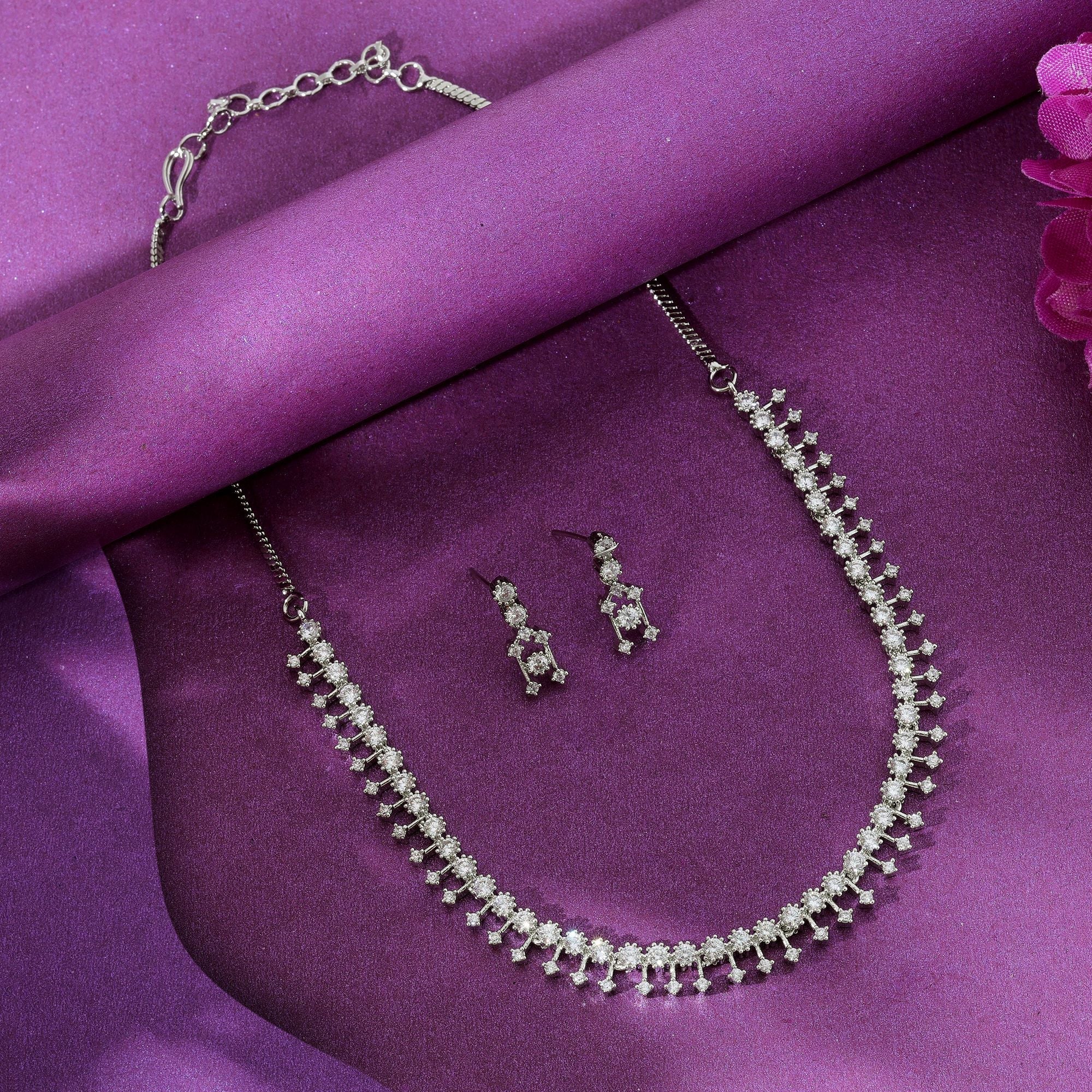Silver Color American Diamond Necklace Set Modern Designer Party Wear Jewelry Collection