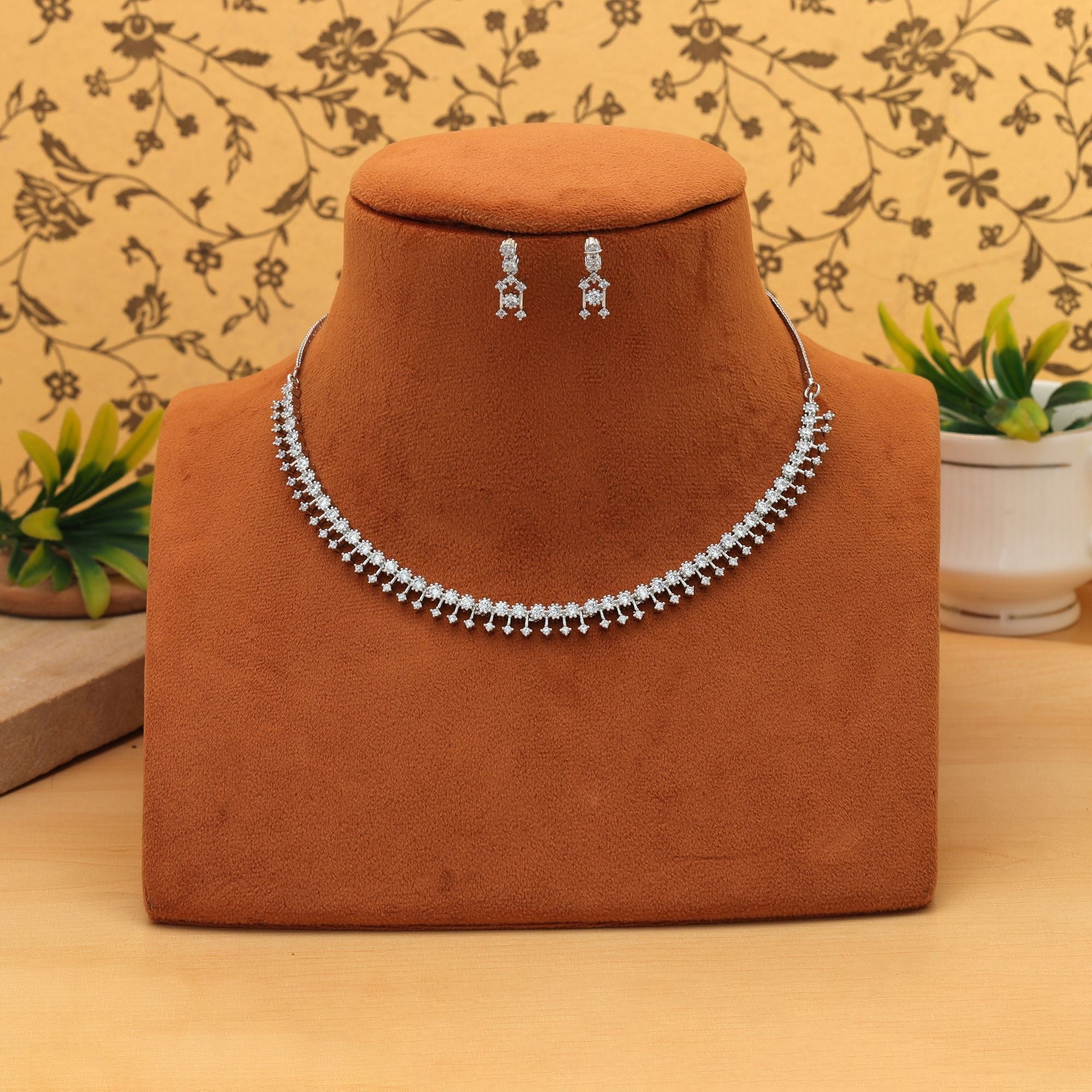 Silver Color American Diamond Necklace Set Modern Designer Party Wear Jewelry Collection