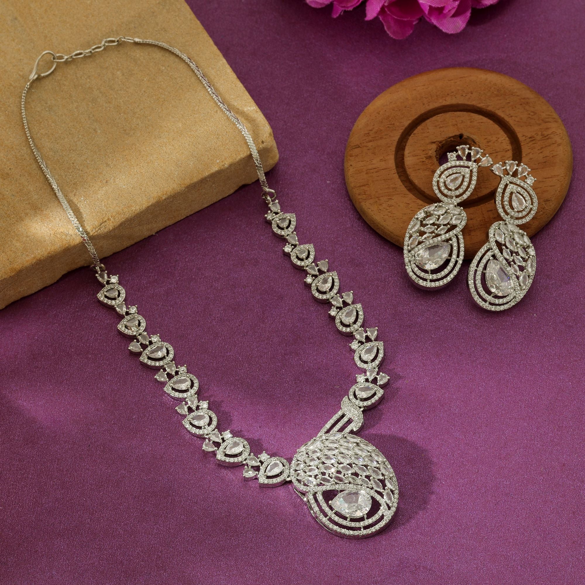 Silver Color American Diamond Necklace Set Trendy Ethnic Lightweight Daily Wear Jewelry