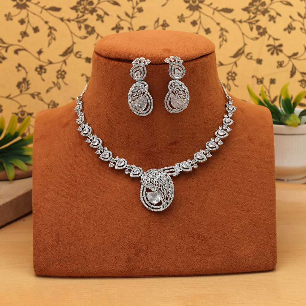 Silver Color American Diamond Necklace Set Trendy Ethnic Lightweight Daily Wear Jewelry