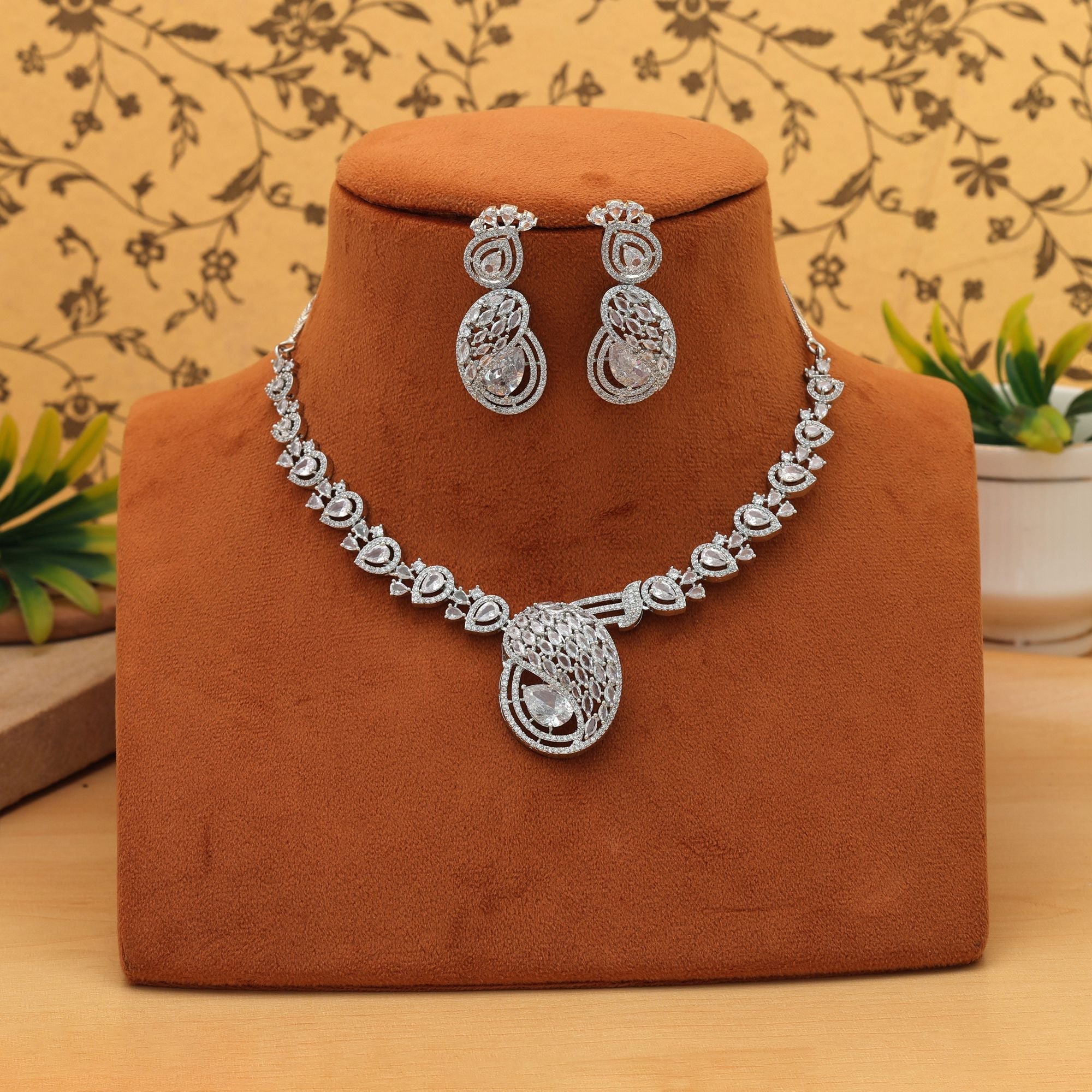 Silver Color American Diamond Necklace Set Trendy Ethnic Lightweight Daily Wear Jewelry