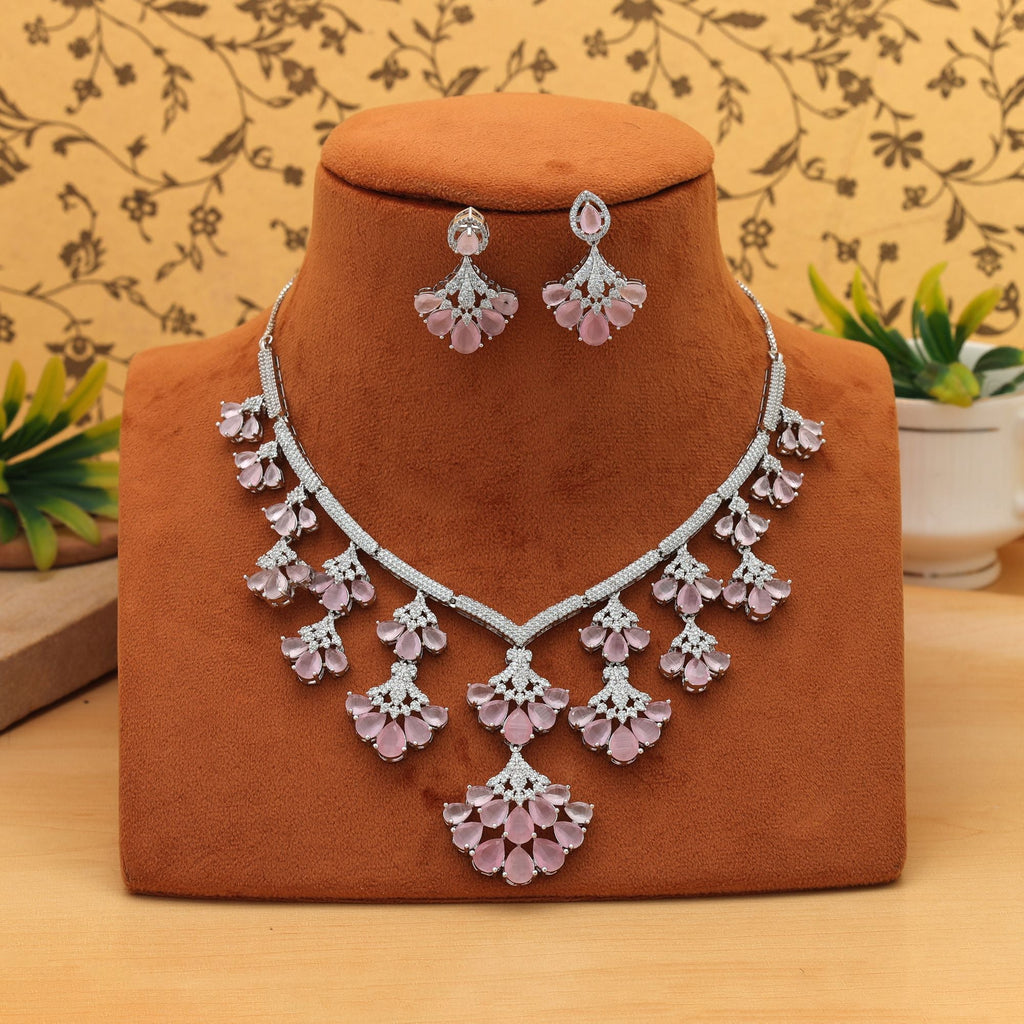 Pink Color American Diamond Necklace Set Beautiful Festive Party Wear Jewelry Design