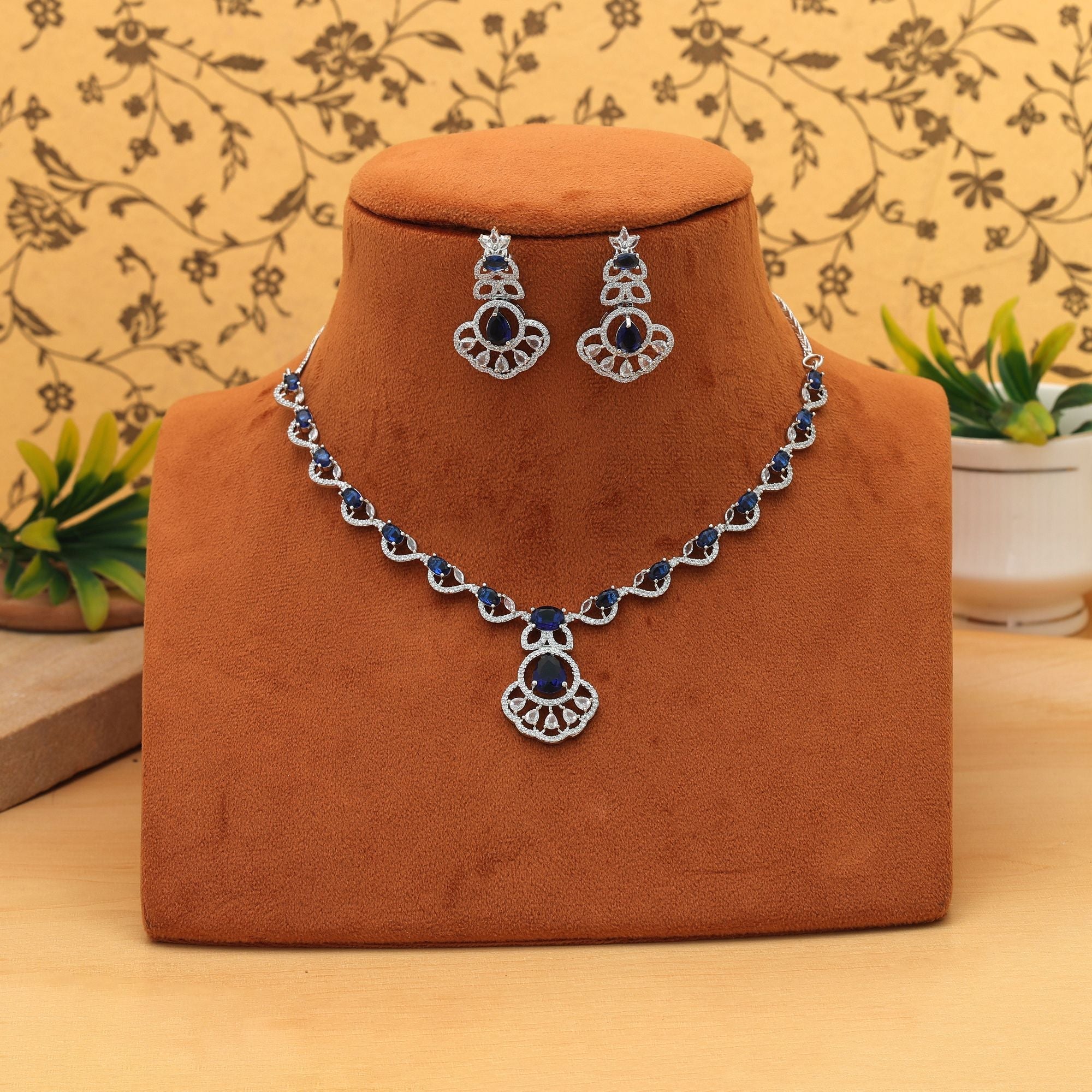 Blue Color American Diamond Necklace Set Classic Stylish Traditional Jewelry Design Collection