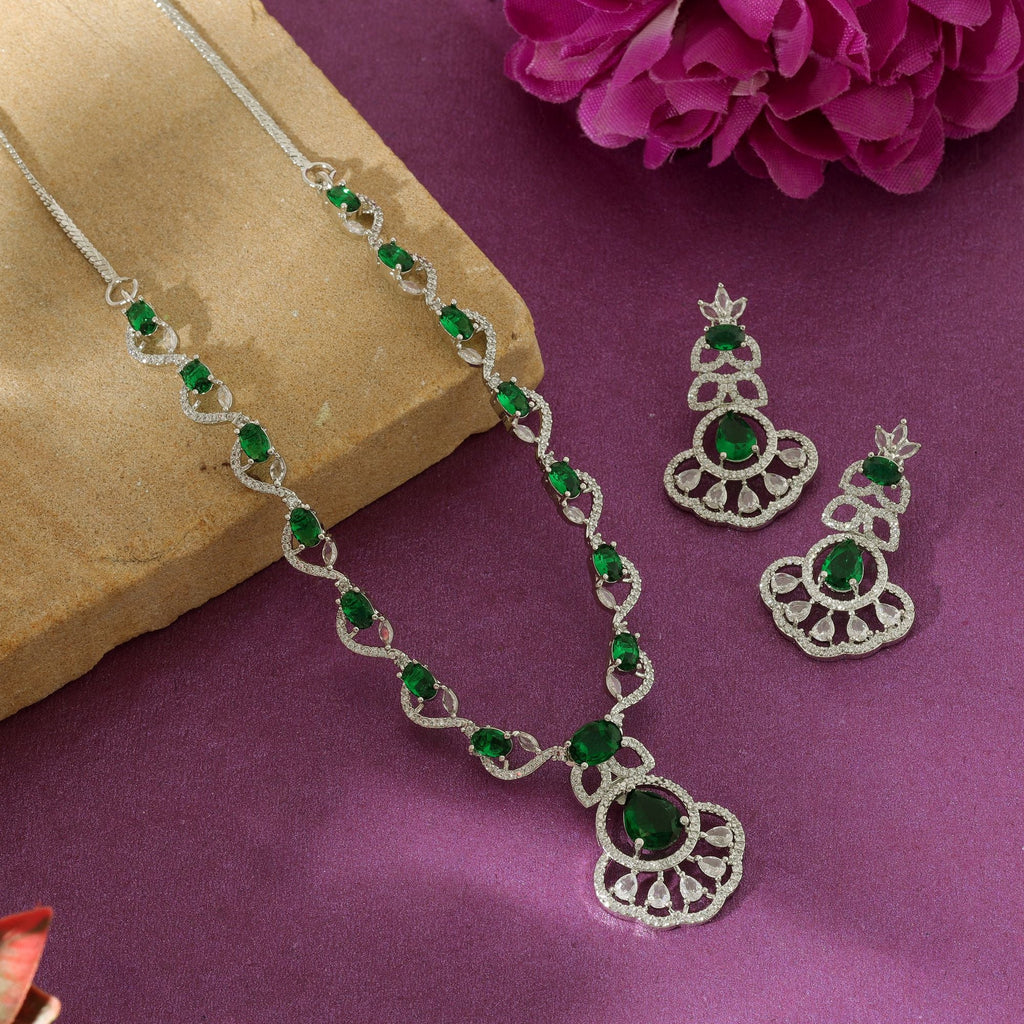 Green Color American Diamond Necklace Set Stylish Festive Ethnic Jewelry Design Collection