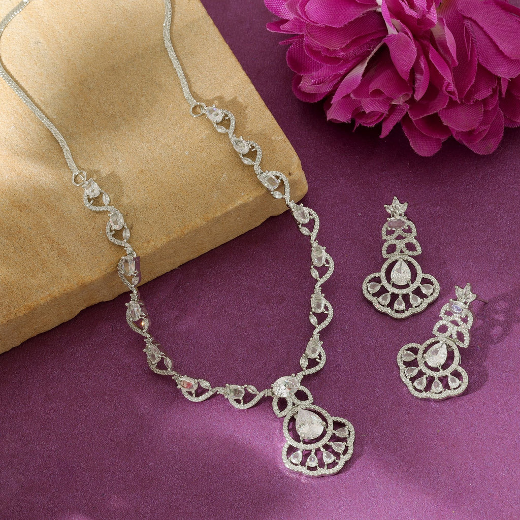 Silver Color American Diamond Necklace Set Elegant Minimal Modern Jewelry Collection Design