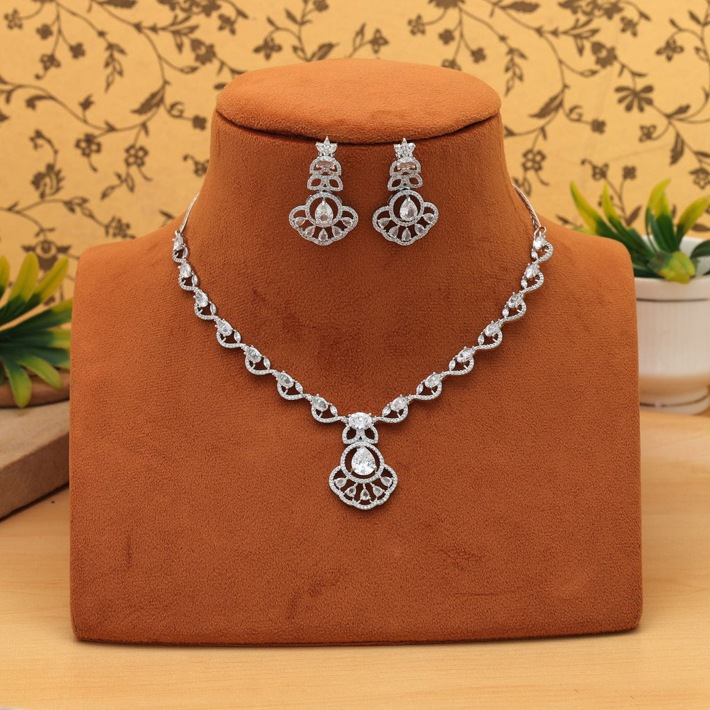 Silver Color American Diamond Necklace Set Elegant Minimal Modern Jewelry Collection Design
