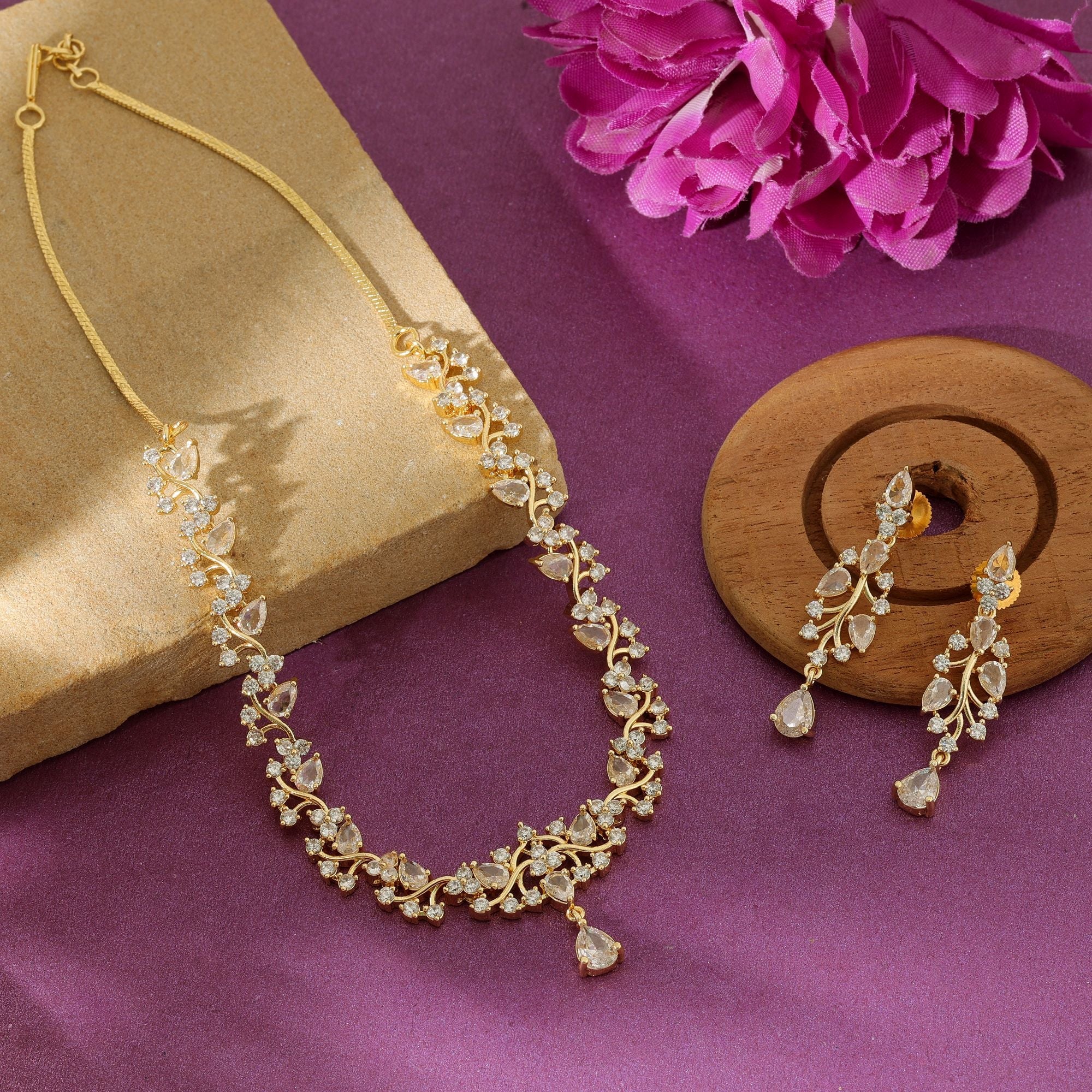 White Color American Diamond Necklace Set Classic Minimal Elegant Jewelry Design Collection