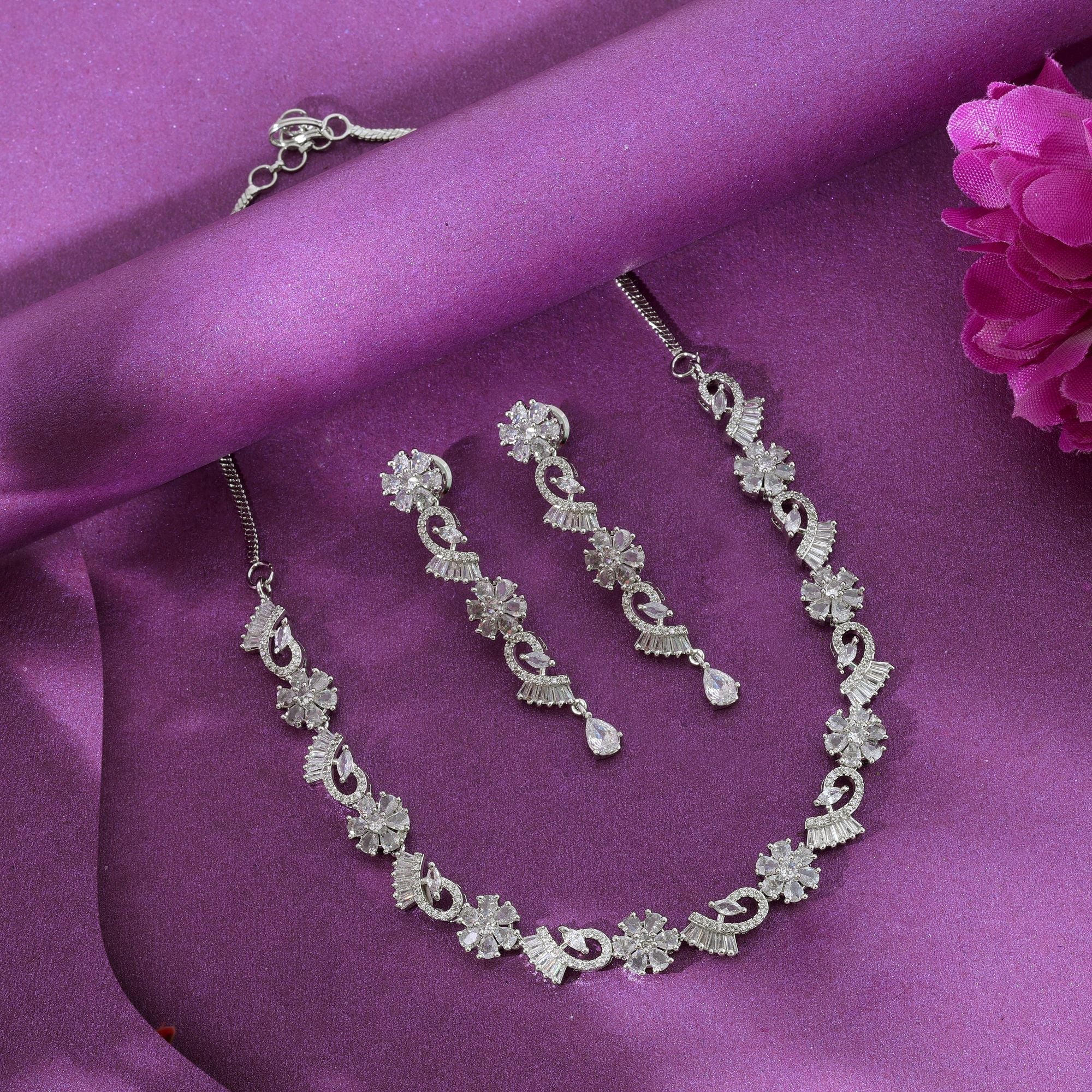 Silver Color American Diamond Necklace Set Trendy Designer Ethnic Jewelry Collection Design