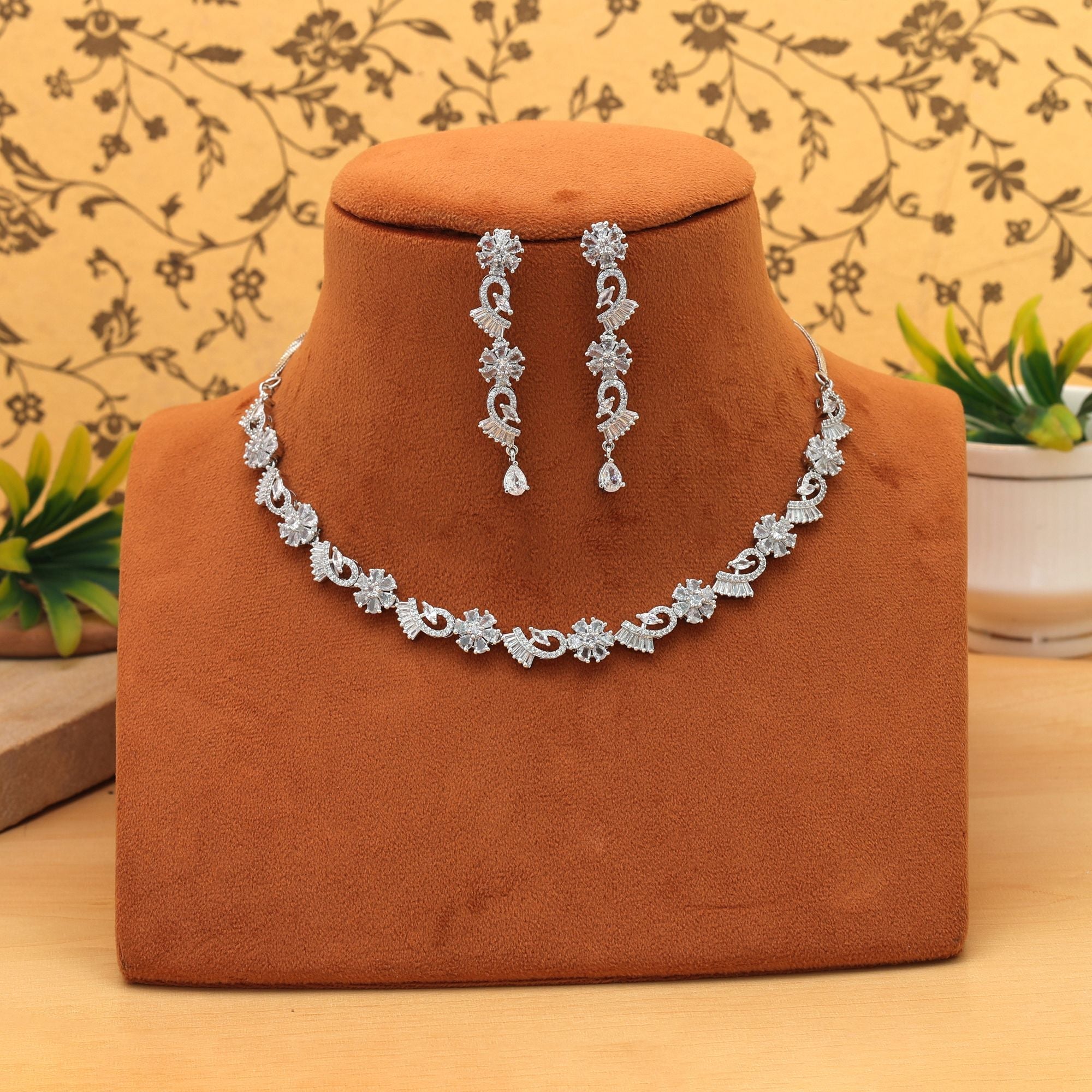 Silver Color American Diamond Necklace Set Trendy Designer Ethnic Jewelry Collection Design