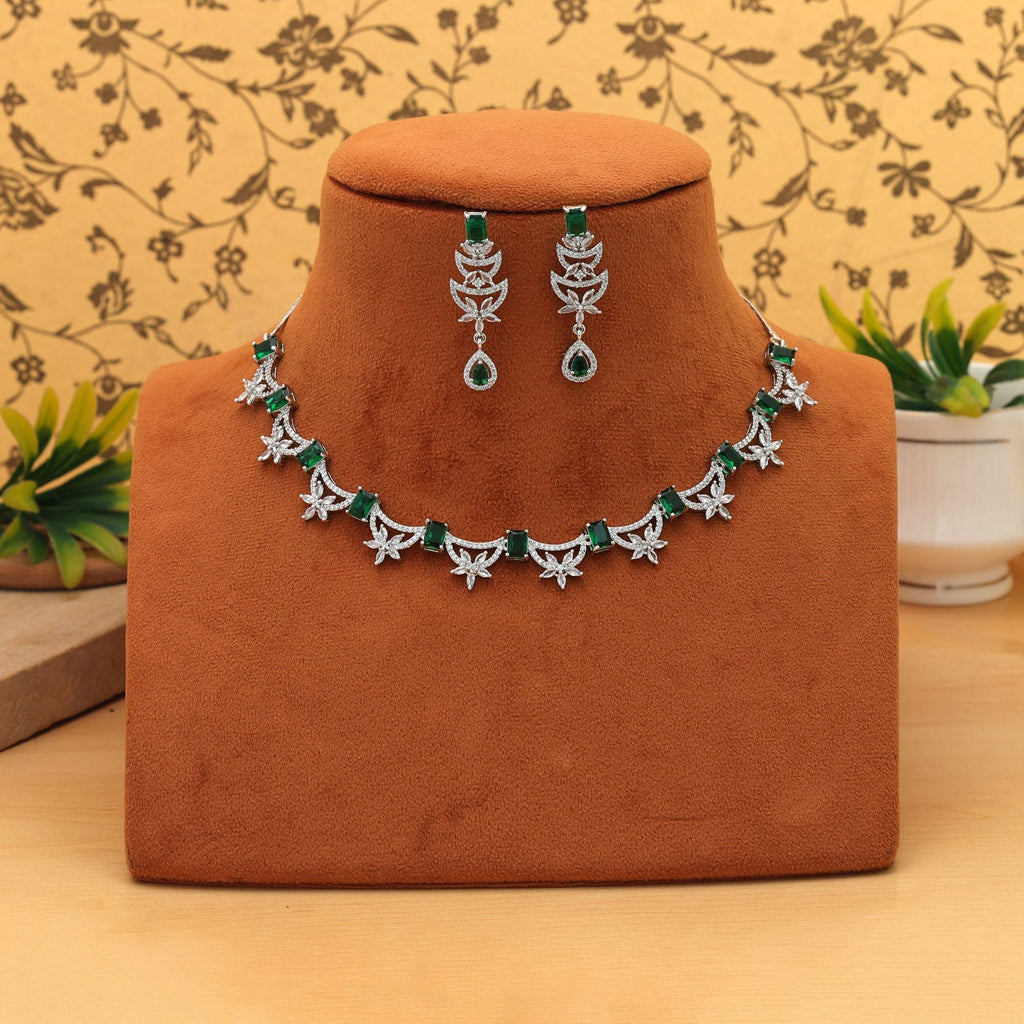 Green Color American Diamond Necklace Set Elegant Festive Traditional Jewelry Collection