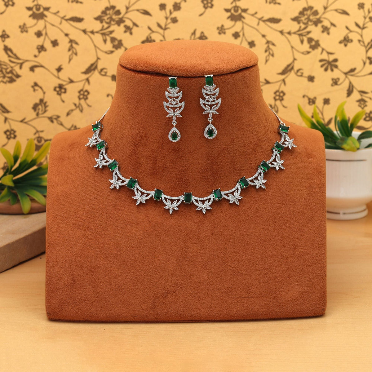 Green Color American Diamond Necklace Set Elegant Festive Traditional Jewelry Collection