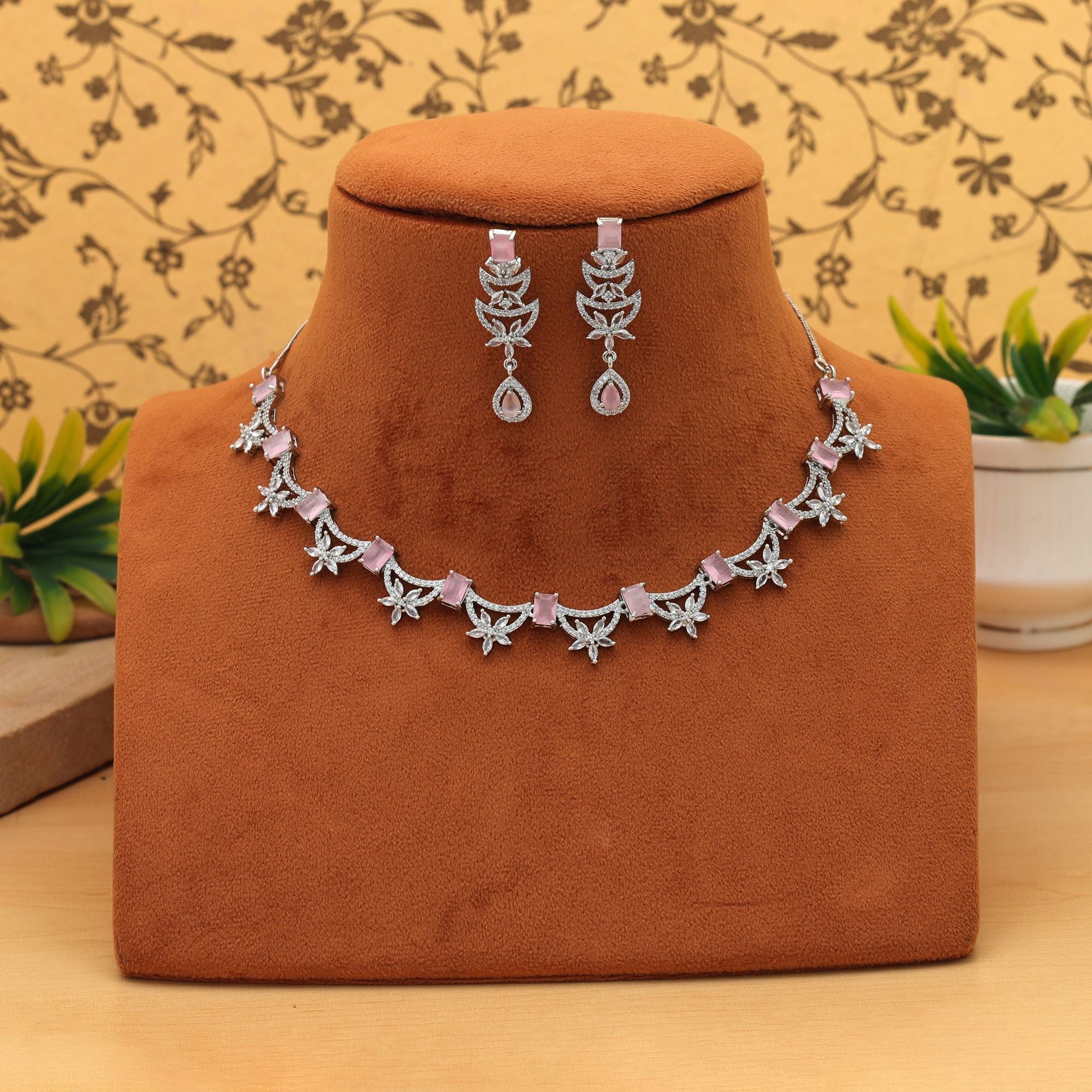 Light Pink Color American Diamond Necklace Set Soft Elegant Party Wear Jewelry Design