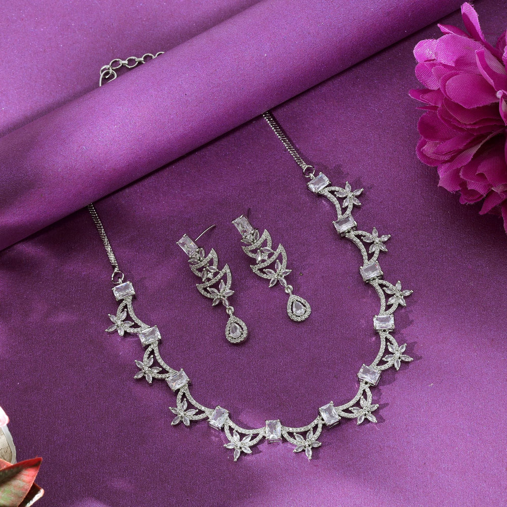 Silver Color American Diamond Necklace Set Chic Modern Minimal Jewelry Collection Design