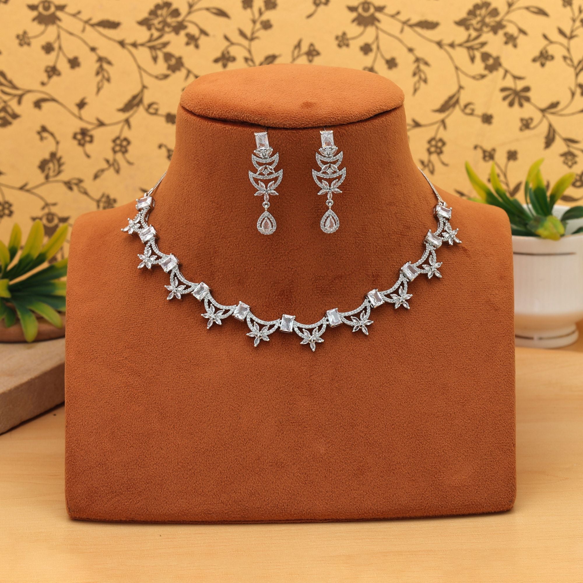 Silver Color American Diamond Necklace Set Chic Modern Minimal Jewelry Collection Design