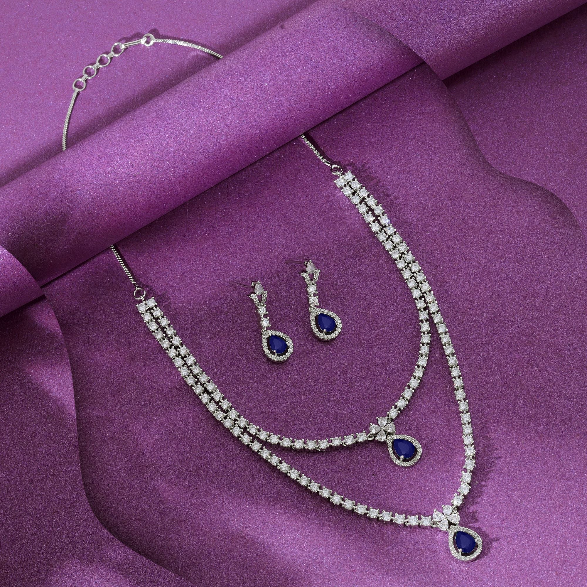 Blue Color American Diamond Necklace Set Elegant Party Wear Statement Jewelry Design