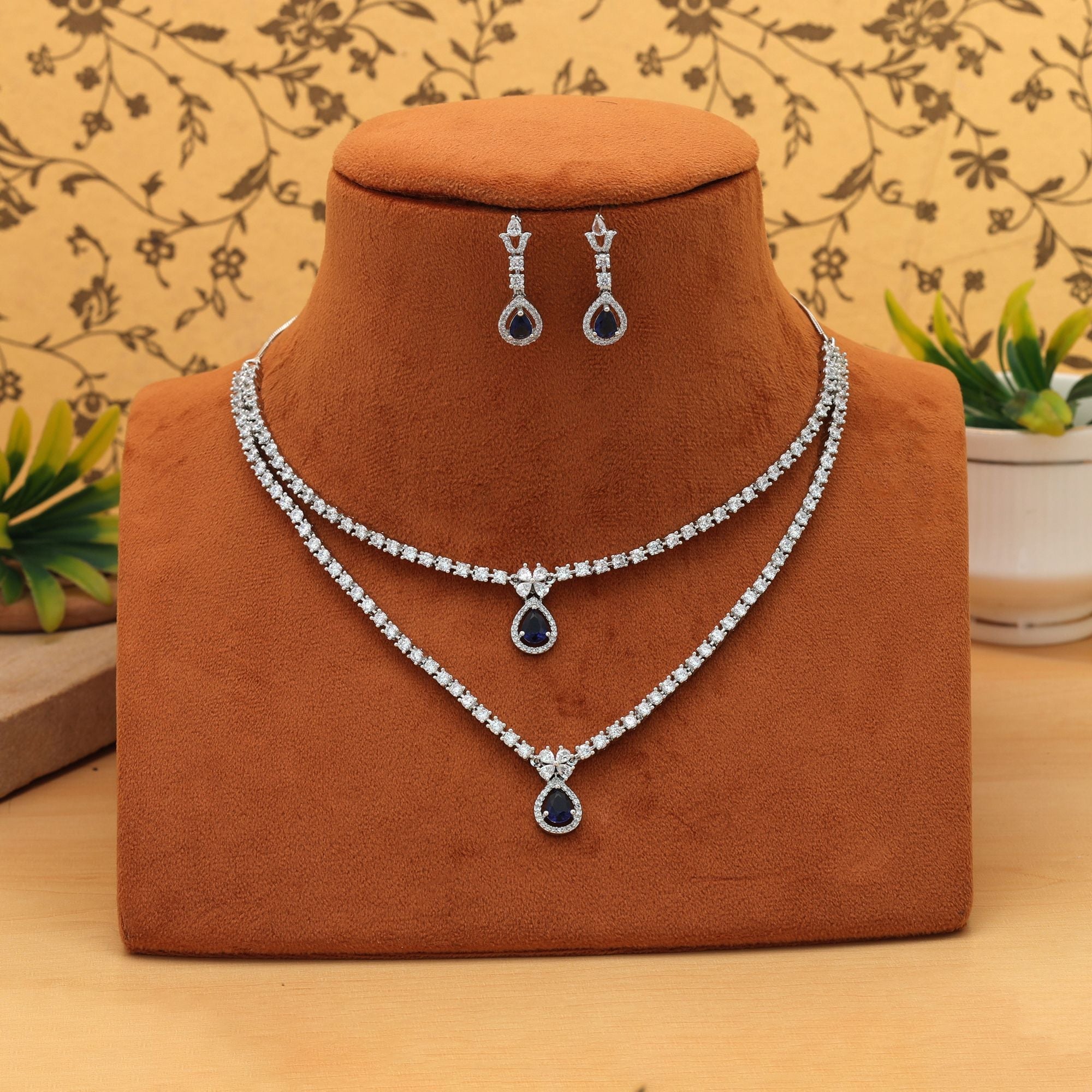 Blue Color American Diamond Necklace Set Elegant Party Wear Statement Jewelry Design