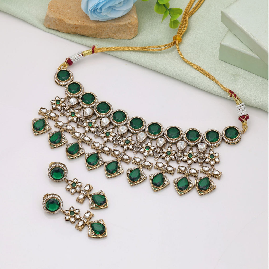 Green American Diamond Necklace Set - Wedding