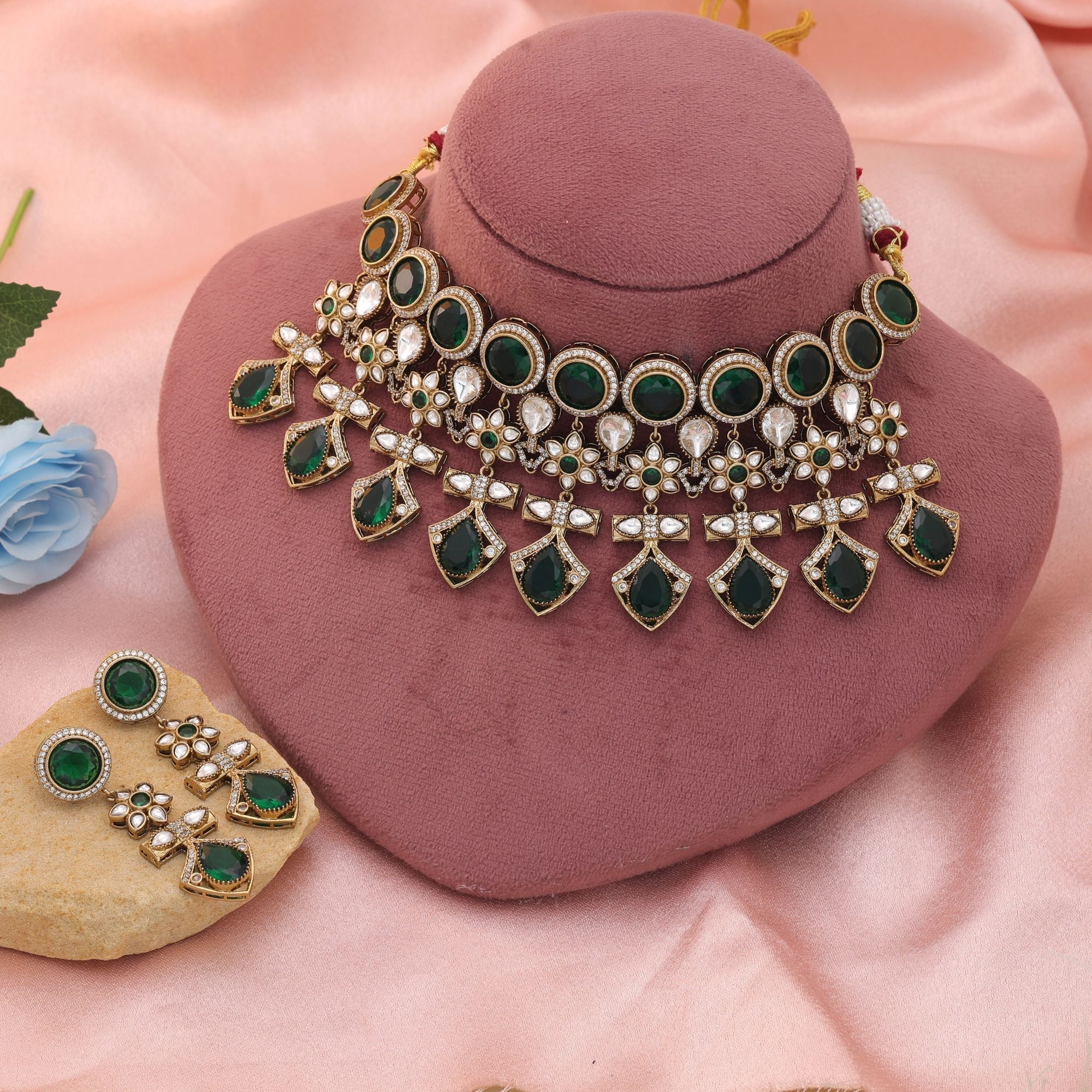 Green American Diamond Necklace Set - Wedding