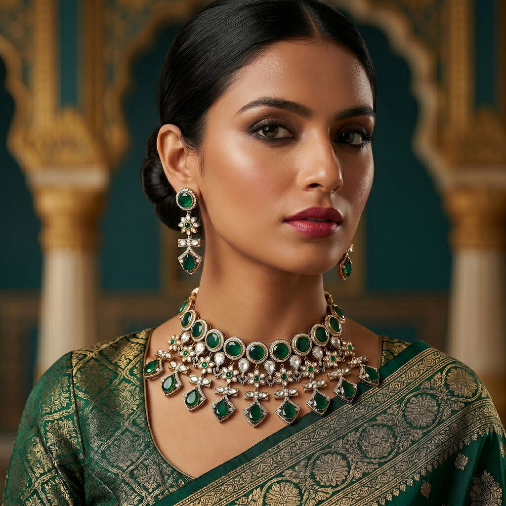 Green American Diamond Necklace Set - Wedding