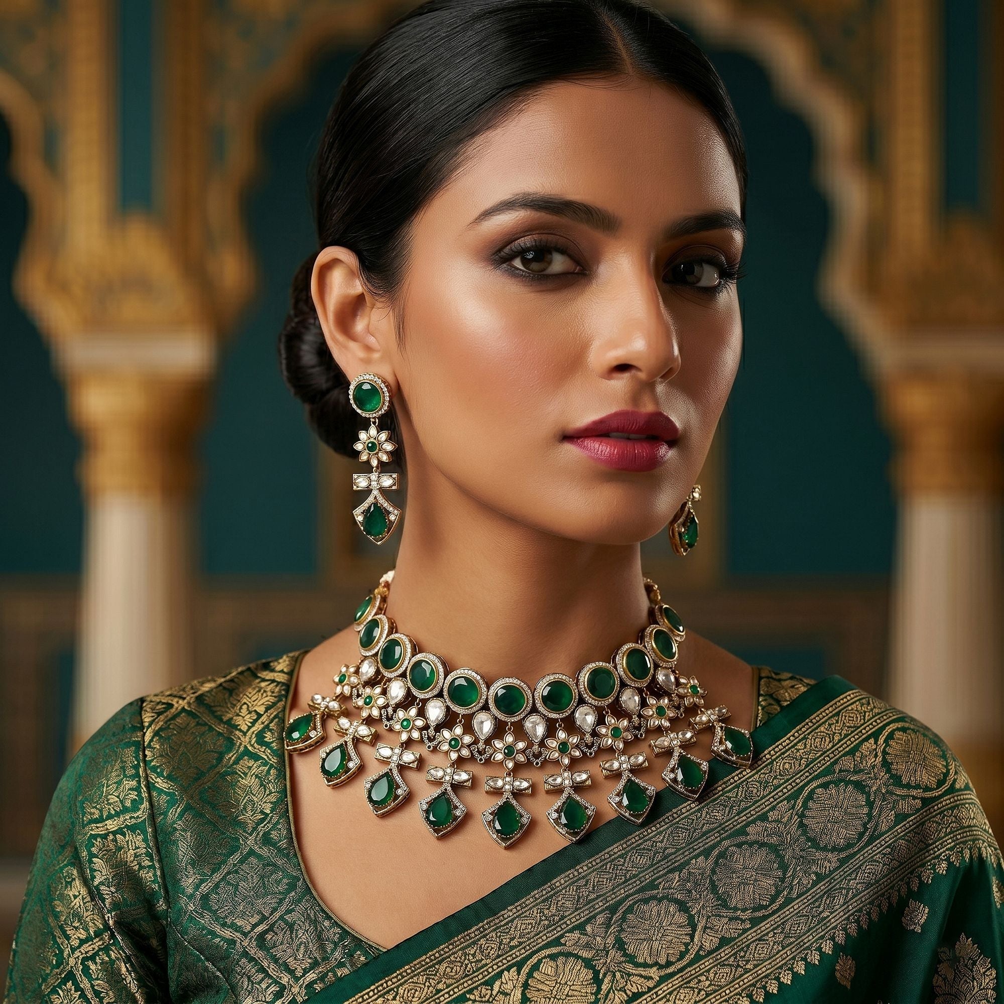 Green American Diamond Necklace Set - Wedding
