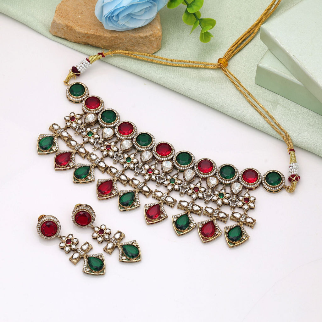 Maroon & Green American Diamond Necklace Set