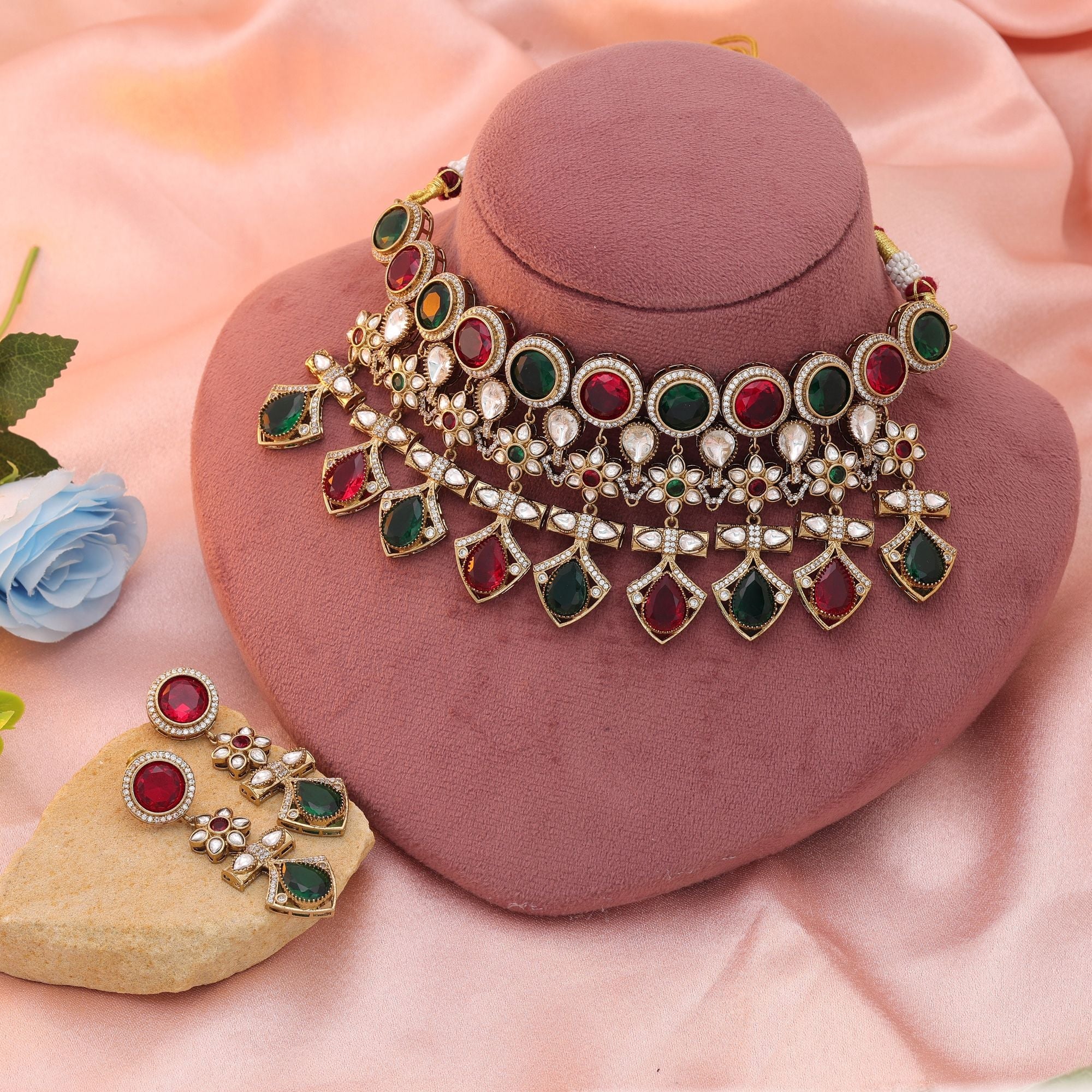 Maroon & Green American Diamond Necklace Set
