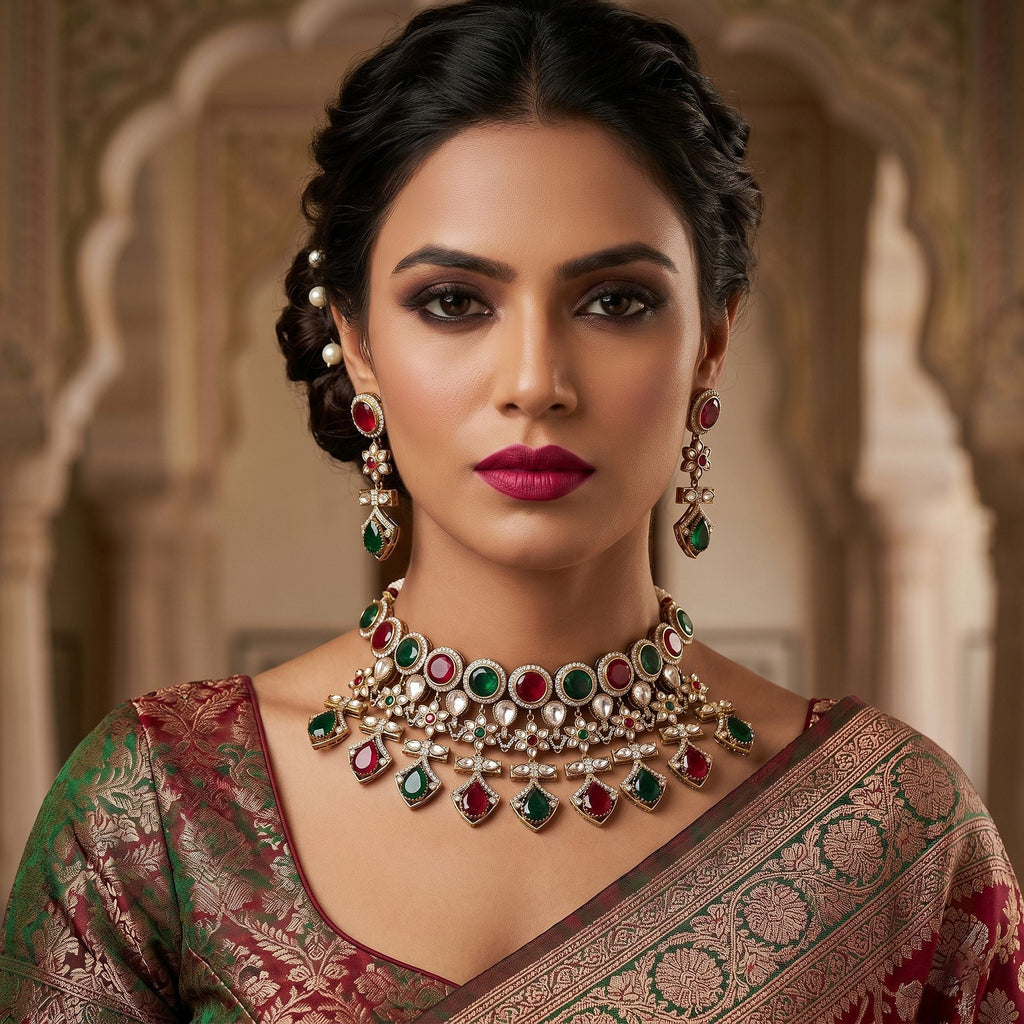 Maroon & Green American Diamond Necklace Set