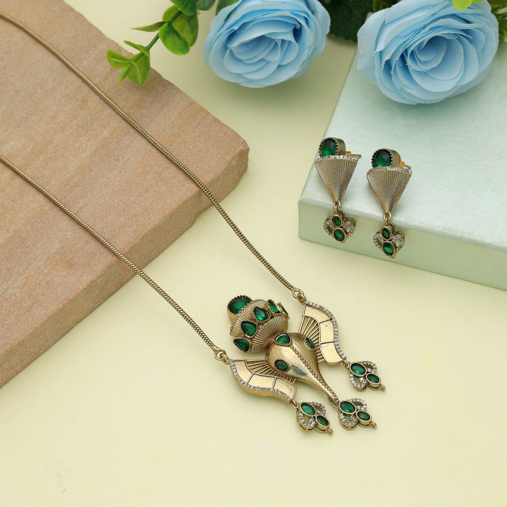 Green Color Lord Ganesha American Diamond Necklace Set