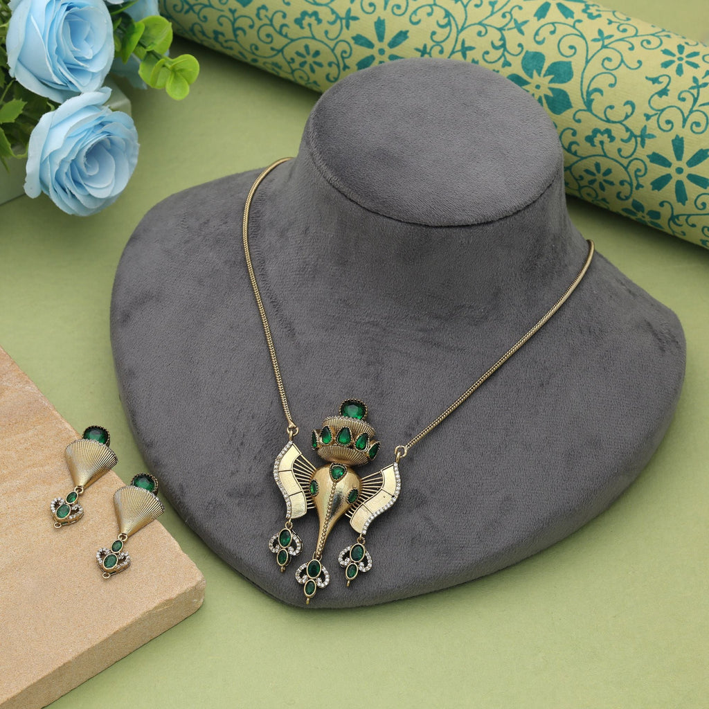 Green Color Lord Ganesha American Diamond Necklace Set