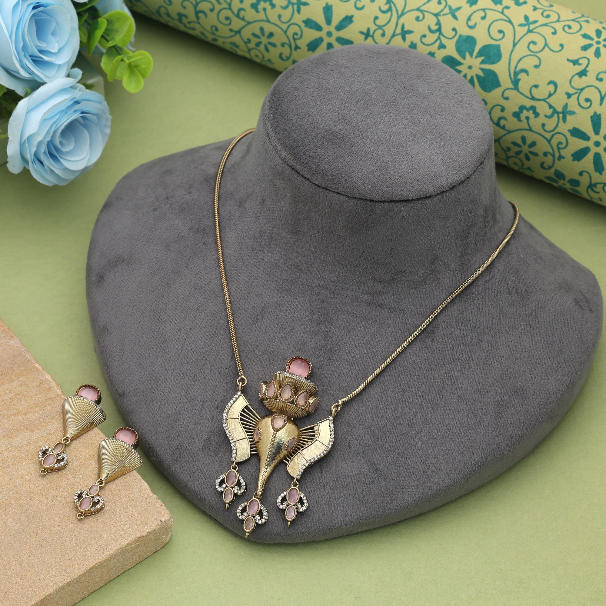 Light Pink Color Lord Ganesha American Diamond Necklace Set