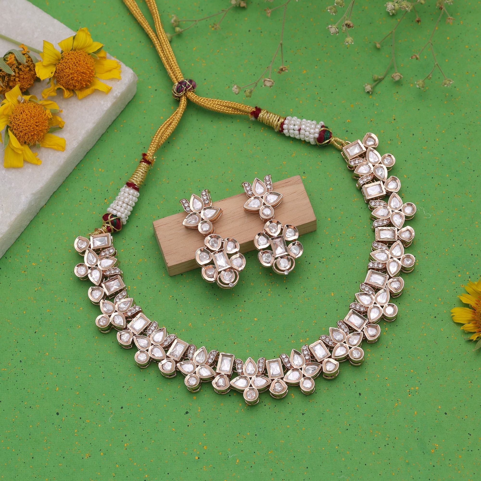 White Color American Diamond Necklace Set Bridal Style