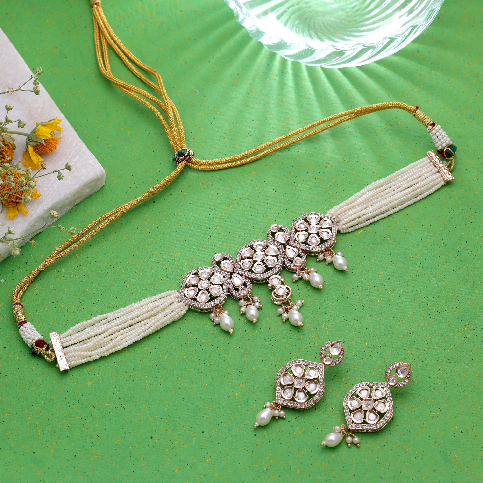 White Color American Diamond Necklace Set Party Wear Style