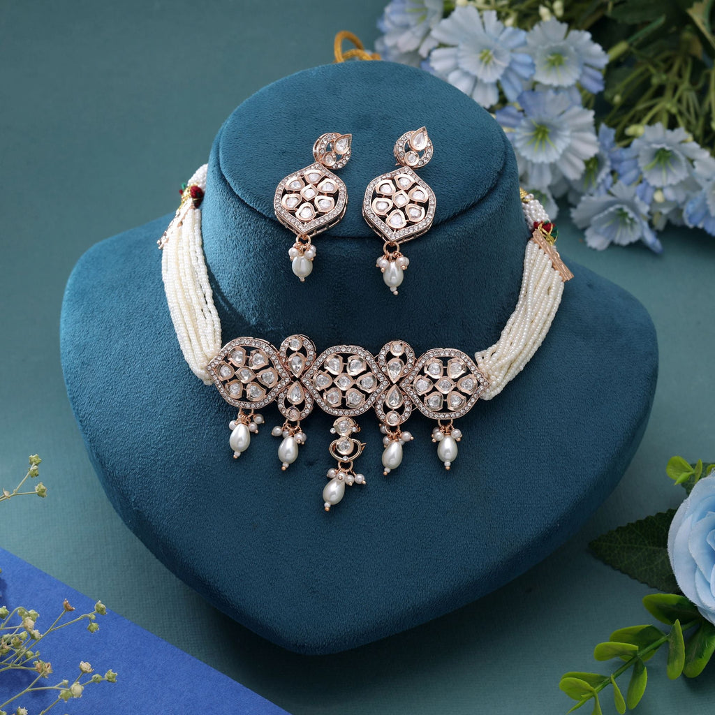 White Color American Diamond Necklace Set Party Wear Style