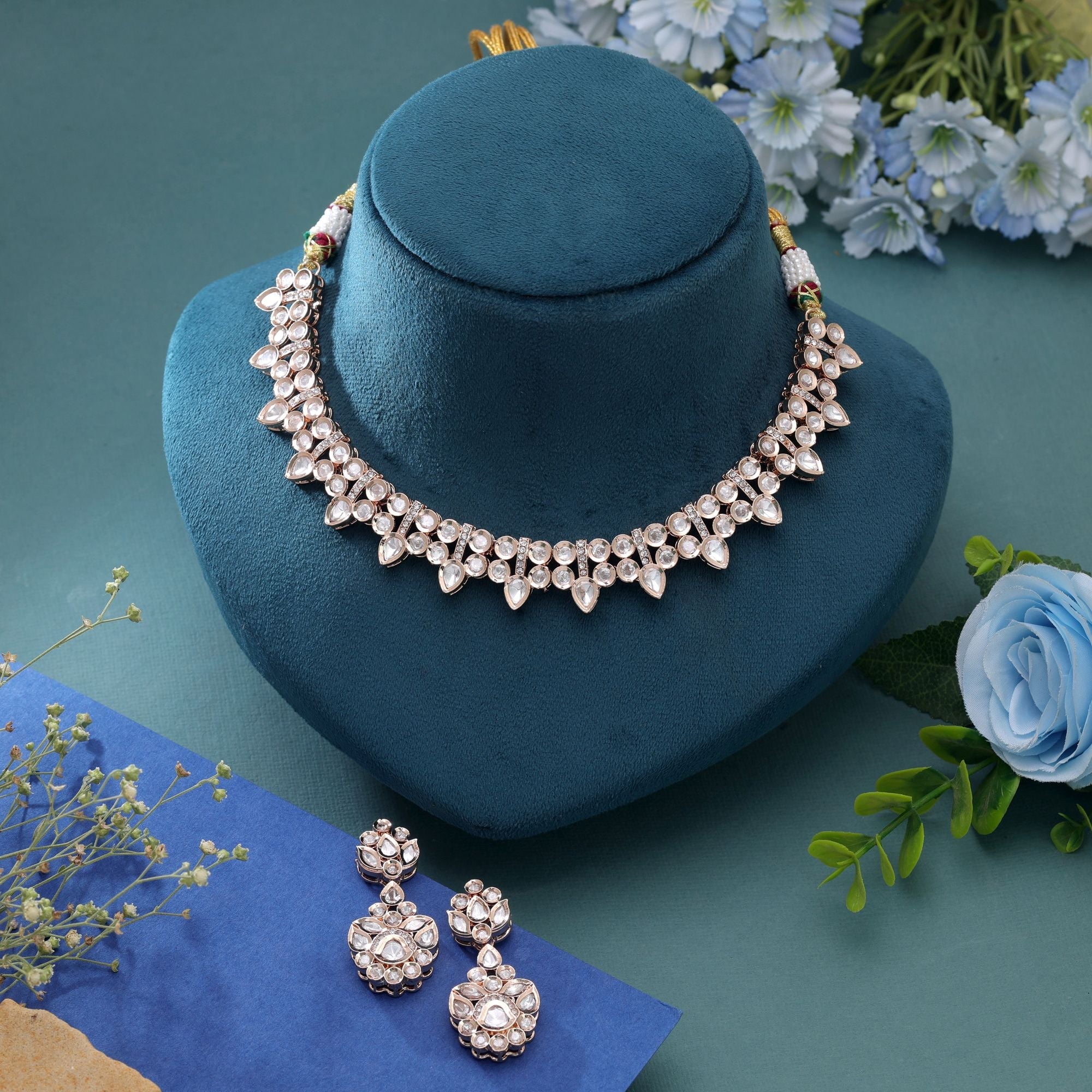 White Color American Diamond Necklace Set Luxury Crystal Finish