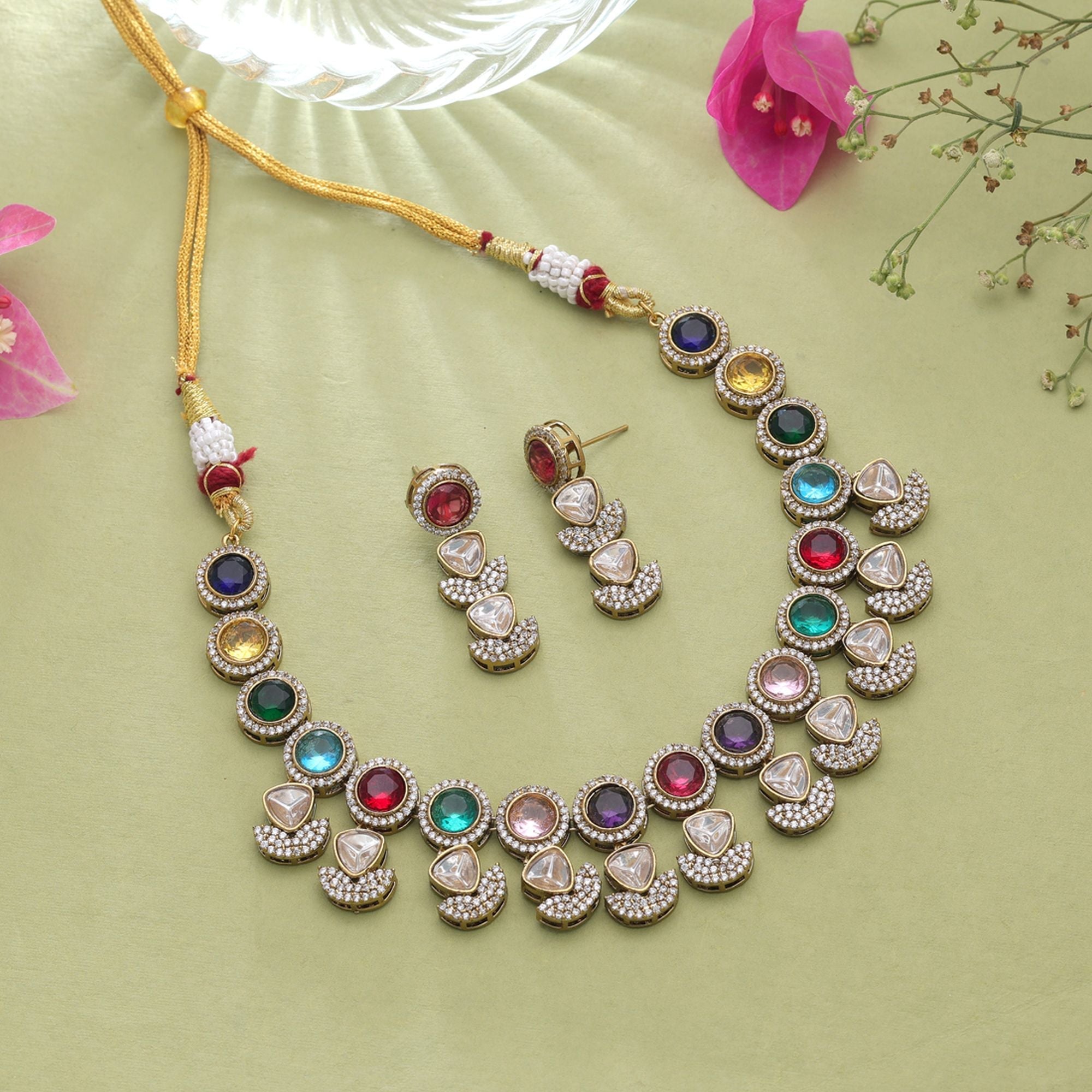 Multi Color American Diamond Navratna Polki Necklace Set Crafted for Stylish Festive Wear