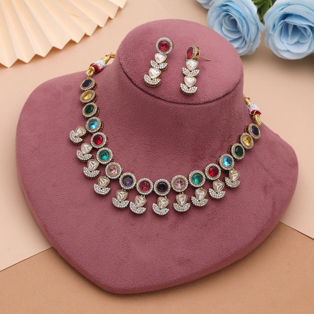 Multi Color American Diamond Navratna Polki Necklace Set Crafted for Stylish Festive Wear
