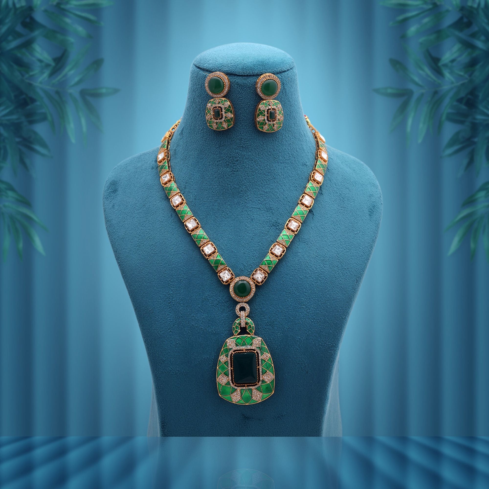 Green Color American Diamond Polki Necklace Set Featuring Premium Traditional Fashion Style