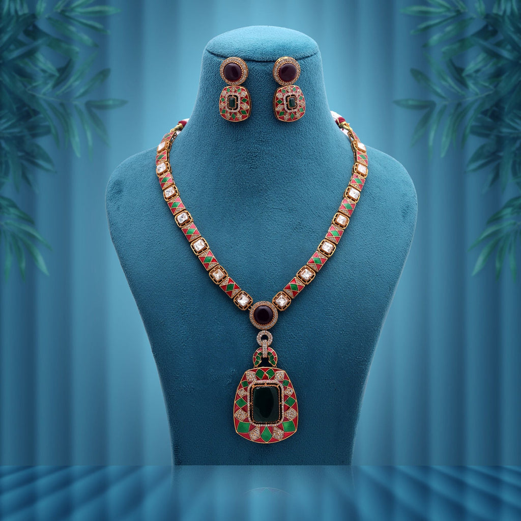 Maroon & Green Color American Diamond Polki Necklace Set with Royal Ethnic Appeal
