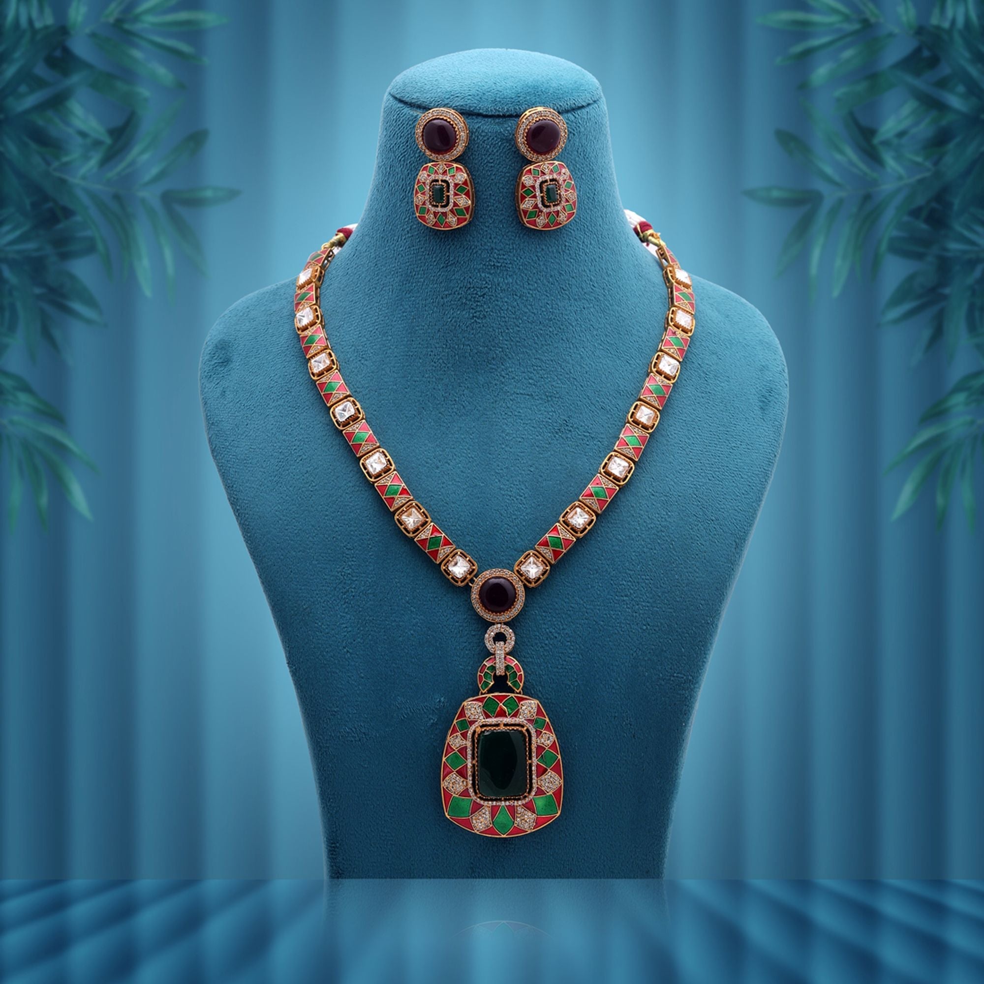 Maroon & Green Color American Diamond Polki Necklace Set with Royal Ethnic Appeal