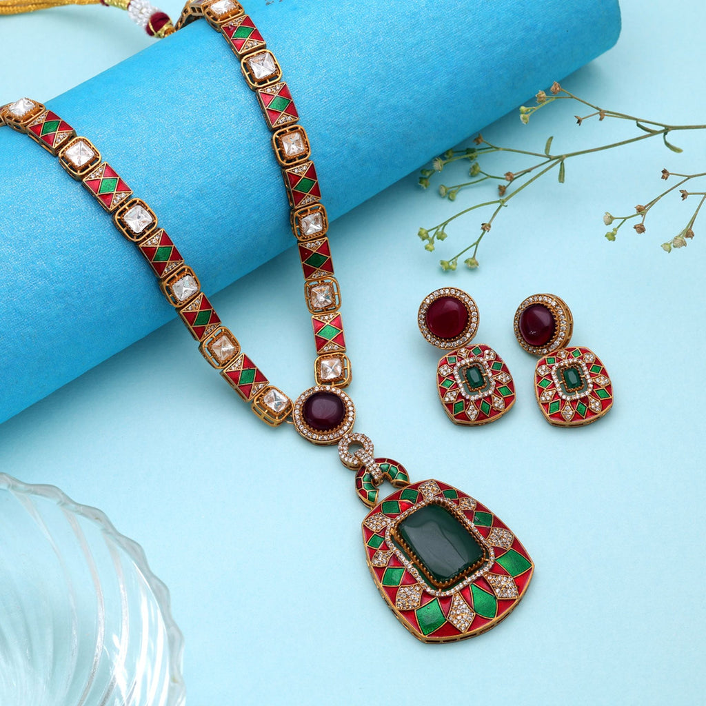 Maroon & Green Color American Diamond Polki Necklace Set with Royal Ethnic Appeal