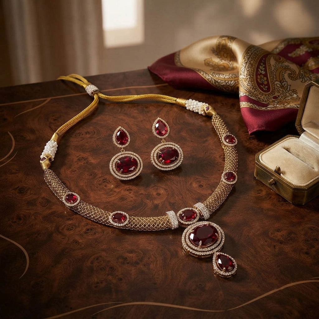 Red Turkish Stone With American Diamond Necklace Set Featuring Elegant Party Wear Style