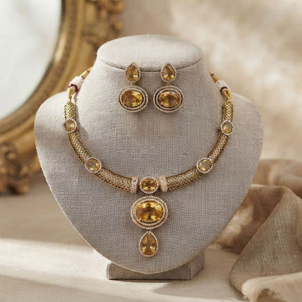 Yellow Turkish Stone With American Diamond Necklace Set with Premium Designer Finish