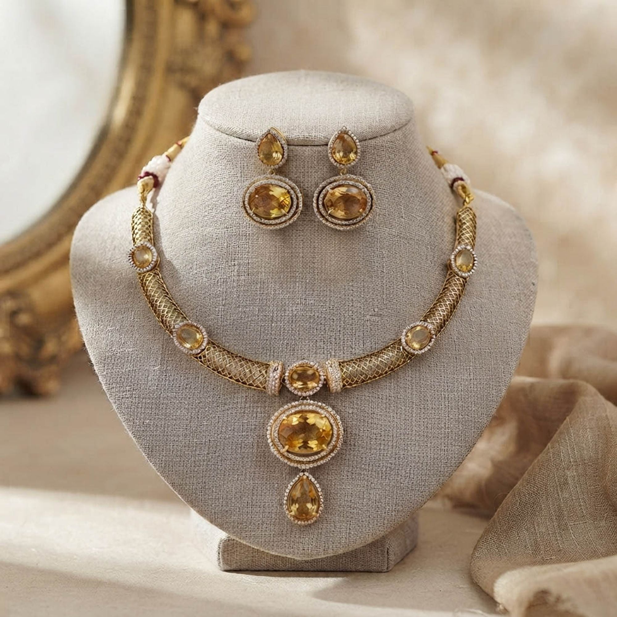 Yellow Turkish Stone With American Diamond Necklace Set with Premium Designer Finish