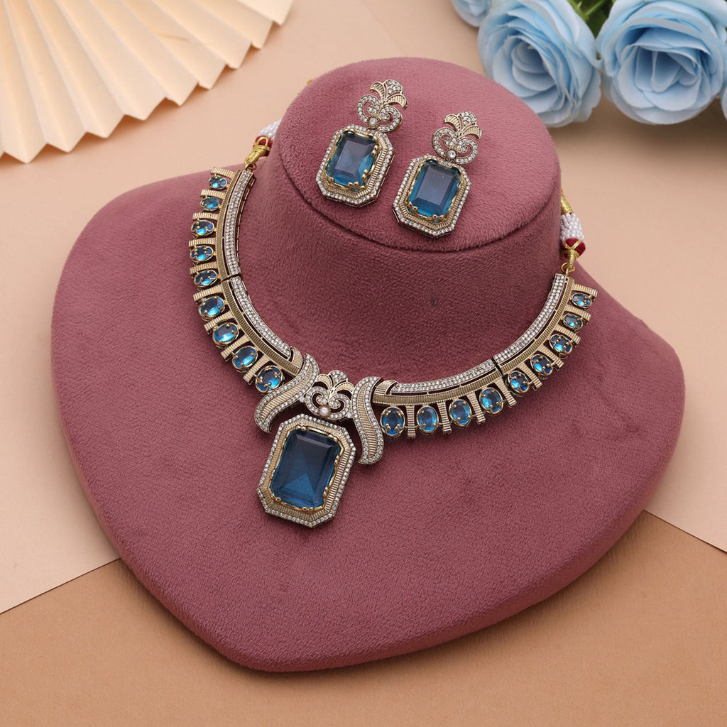 Teal Blue Turkish Stone With American Diamond Necklace Set Featuring Premium Crystal Finish