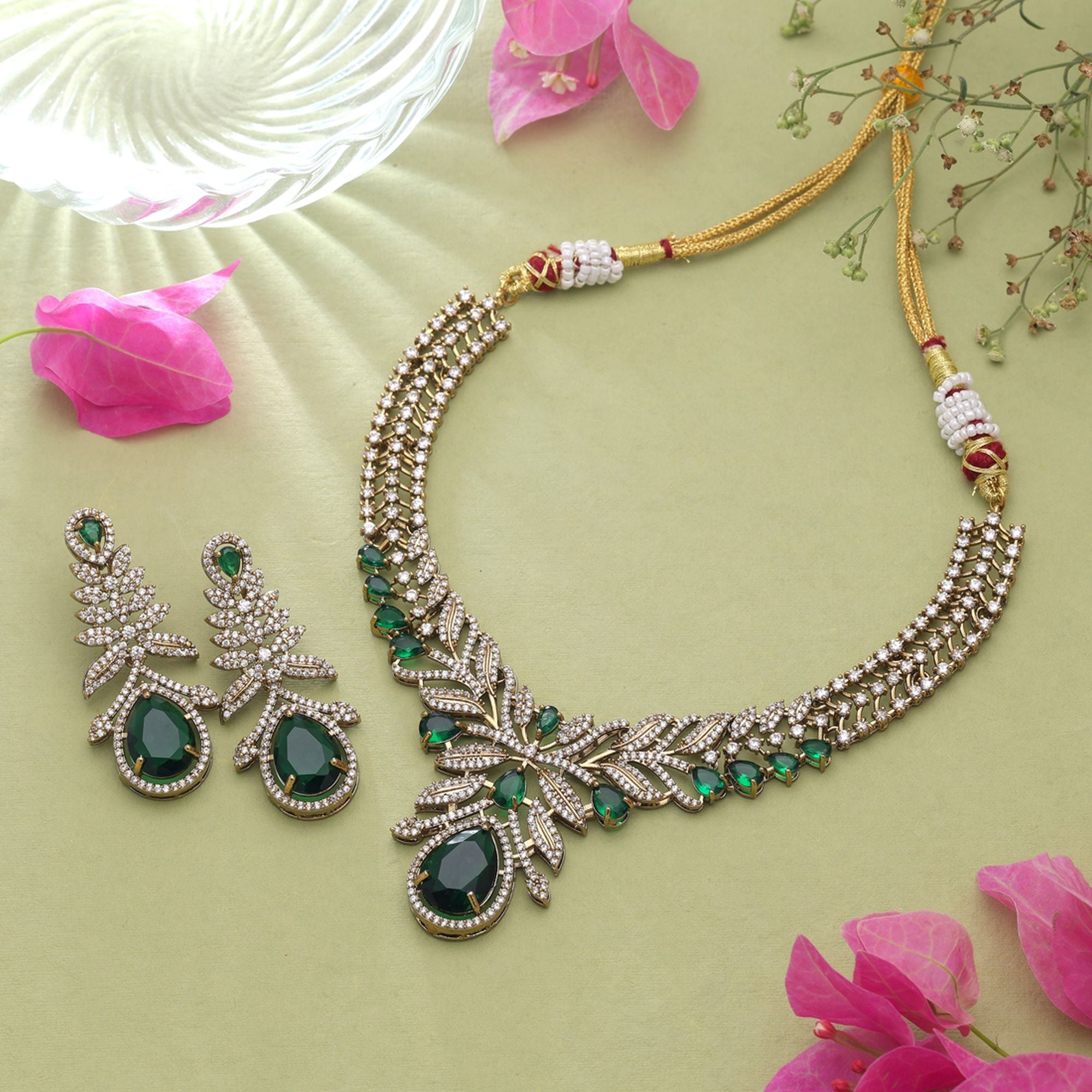 Green Turkish Stone With American Diamond Necklace Set Crafted with Elegant Fashion Style