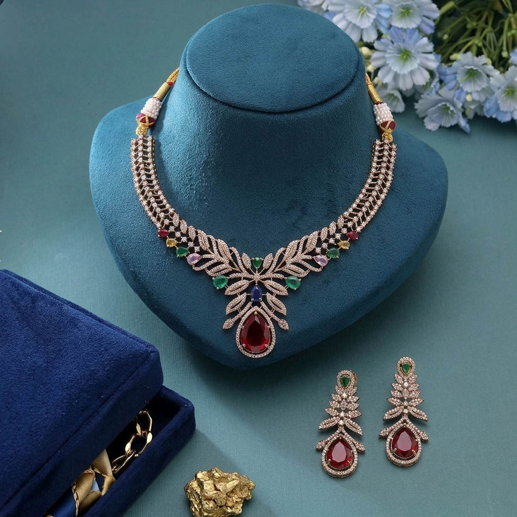 Red Turkish Stone With American Diamond Necklace Set Featuring Luxury Traditional Design