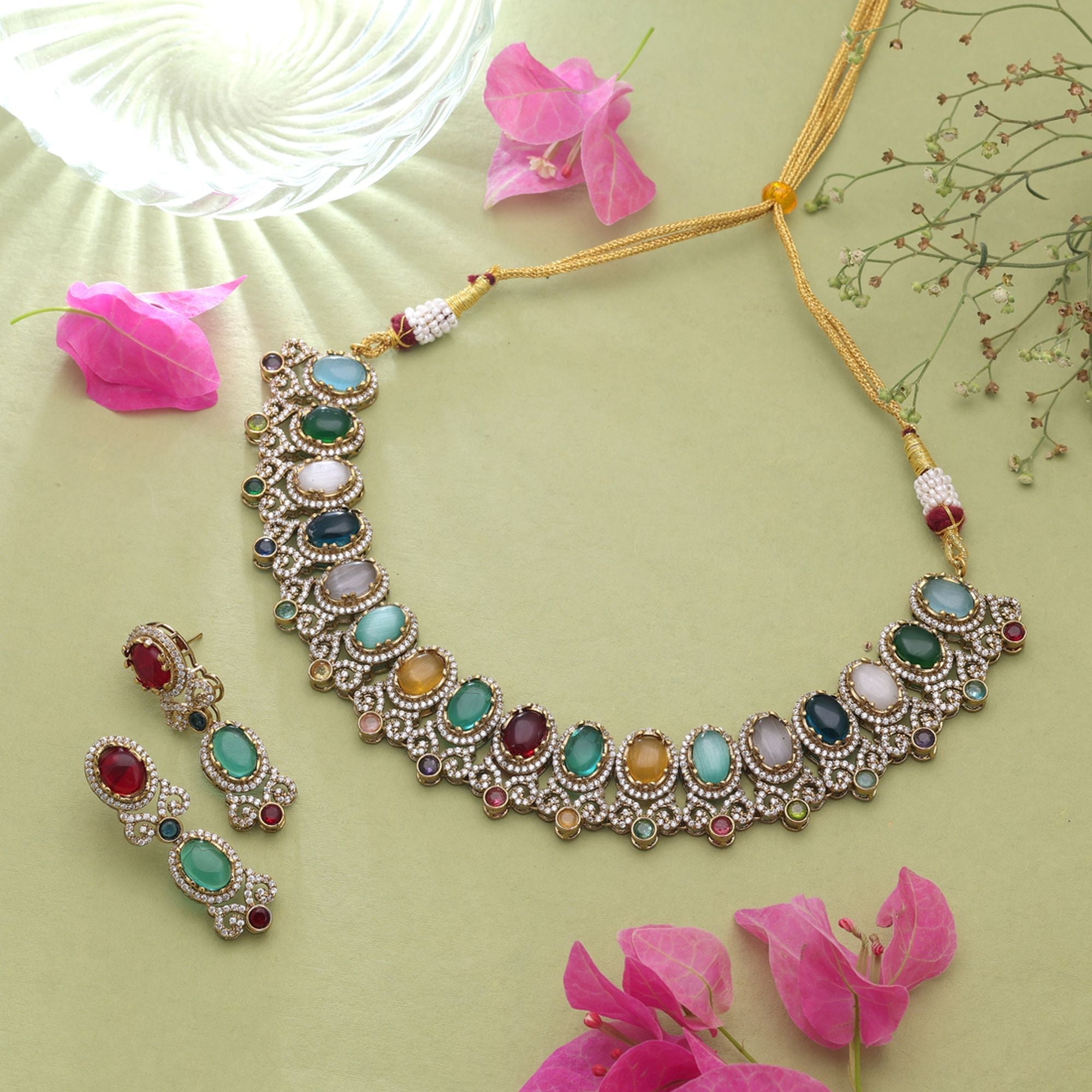 Multi Color American Diamond Navratna Necklace Set with Premium Traditional Jewelry Collection