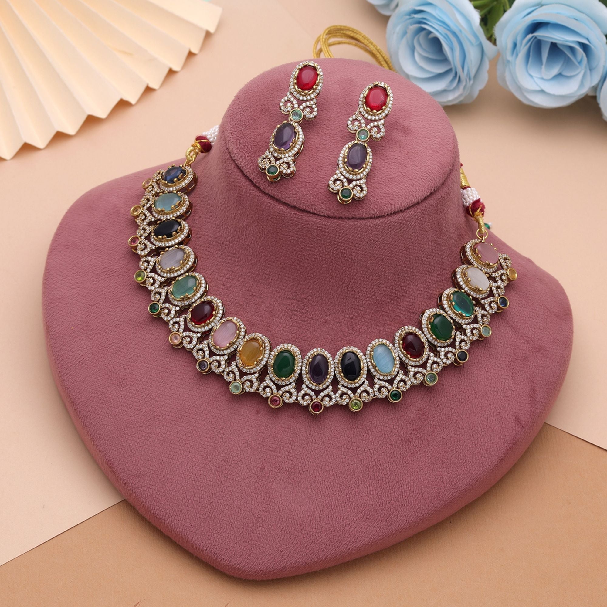 Multi Color American Diamond Navratna Necklace Set Crafted for Elegant Bridal Fashion Wear