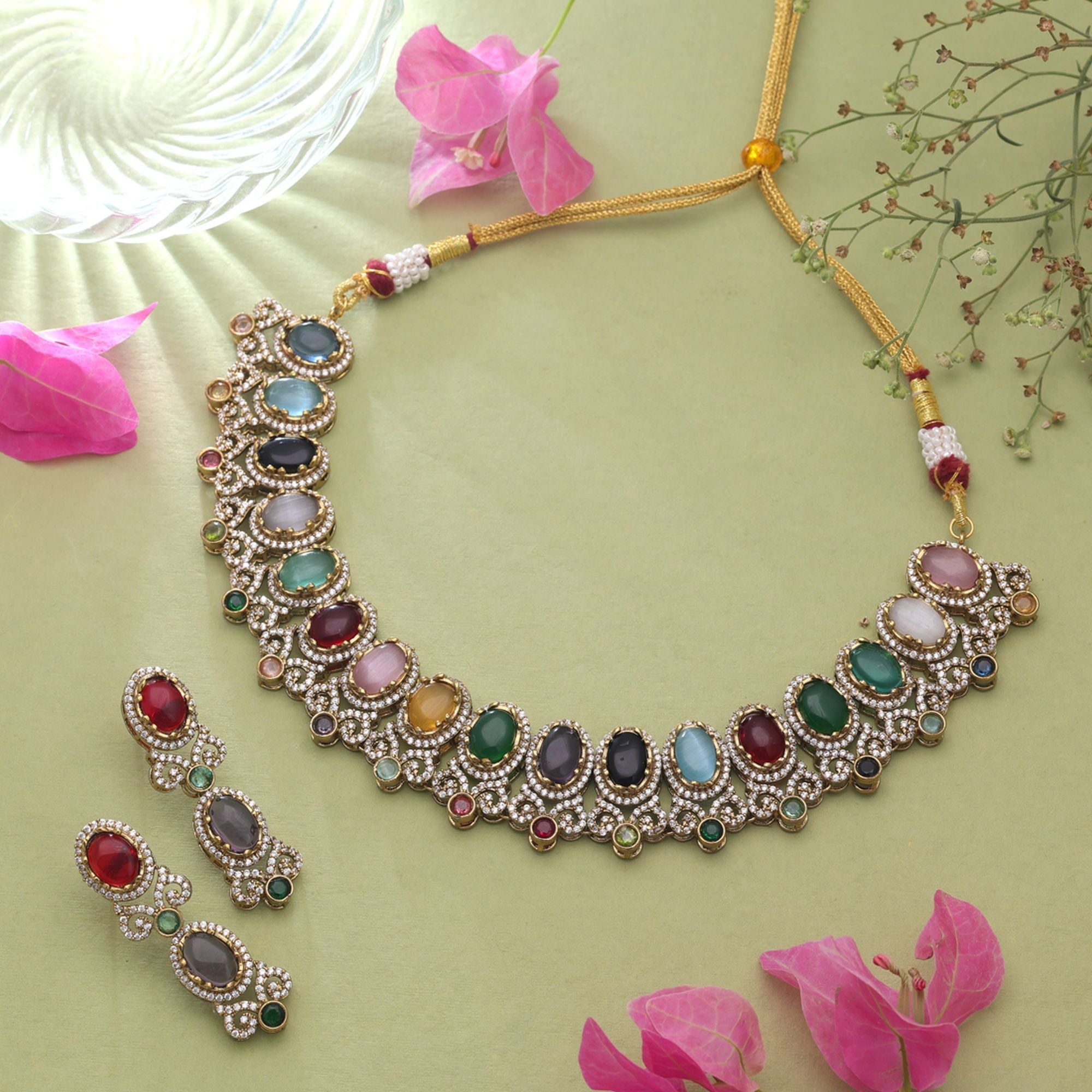 Multi Color American Diamond Navratna Necklace Set Crafted for Elegant Bridal Fashion Wear