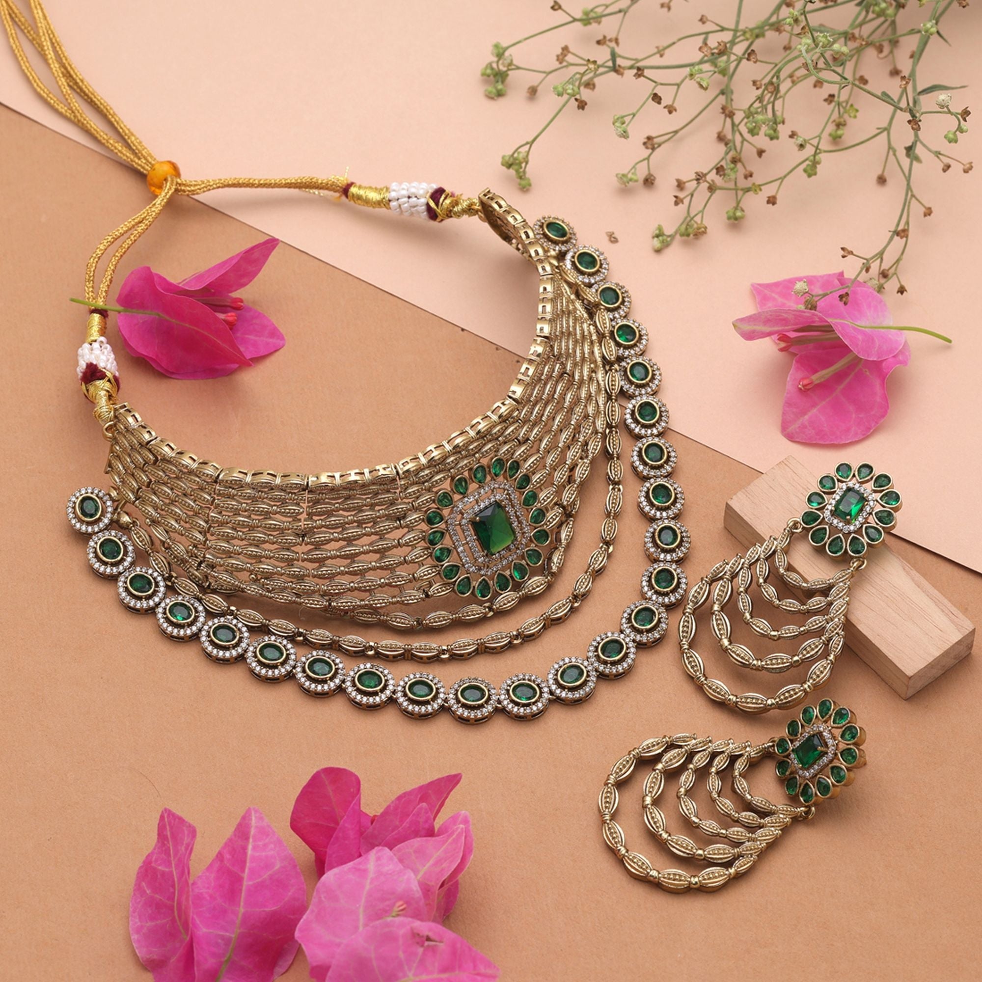 Green Color American Diamond Choker Necklace Set with Premium Designer Jewelry Appeal